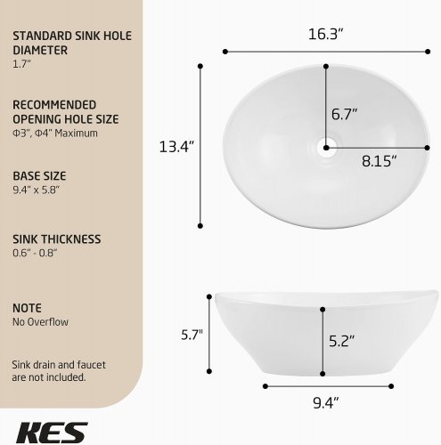 KES BATHROOM CERAMIC PORCELAIN MODERN EGG SHAPE VESSEL SINK - WHITE (MODEL: BVS124) image 2