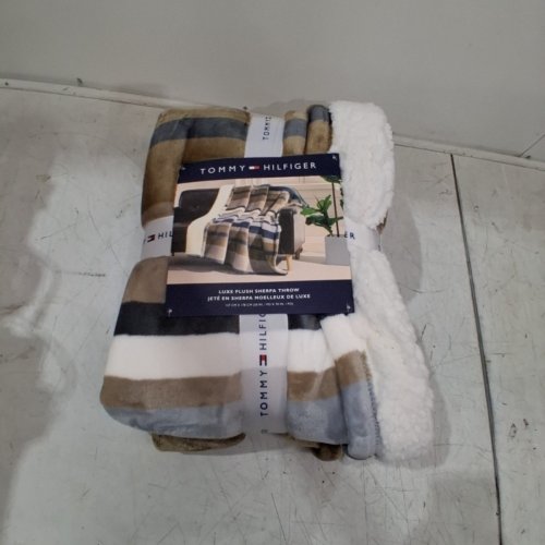 TOMMY HILFIGER LUXE PLUSH SHERPA THROW BLANKET - 50" X 70" - BLUE/BROWN STRIPE - (MODEL: 1362461) image 3