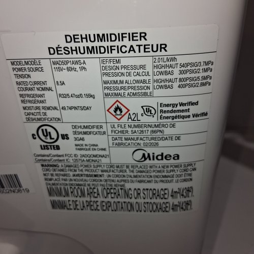 MIDEA EASYDRY DEHUMIDIFIER - 50 PT - WHITE (MODEL: MAD50P1AWSA) image 5