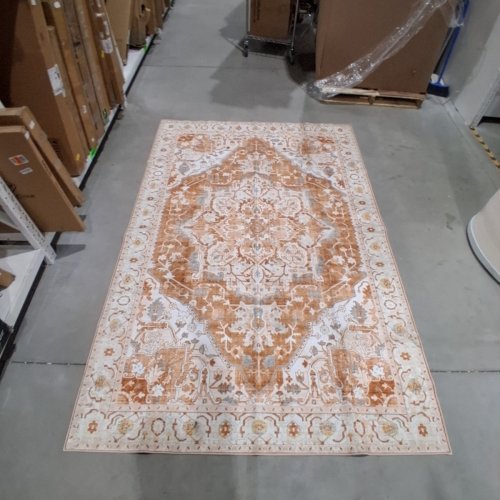 ORNAMENTAL AREA RUG - 9FT X 6FT - CREAM, TAN, BROWN AND BLUE image 2