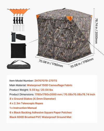 HUNTING BLIND 360º SEE-THROUGH PORTABLE RESILIENT HUNTING TENT GROUND BLIND WITH CARRYING BAG - 70" X 70" X 78.7"/4-5 PERSON - CAMOUFLAGE - (MODEL: ZH707079-270TS) image 2
