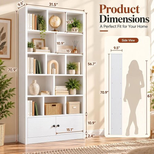 IRONCK 13-CUBE WOODEN BOOKSHELF WITH 2 DOORS - 71" X 31" X 9" - WHITE - (MODEL: HK-CWG-27B) image 2