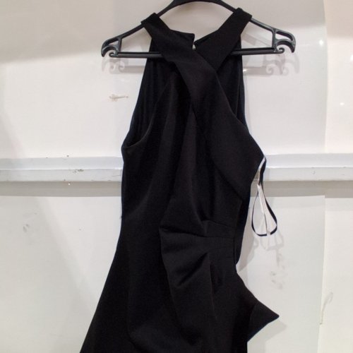 WOMENS XSCAPE TECHNO SCUBA CRISS CROSS HLTER NECK RUFFLE DRESS - 16 PETITE - BLACK (STYLE: 6993XPA) image 4