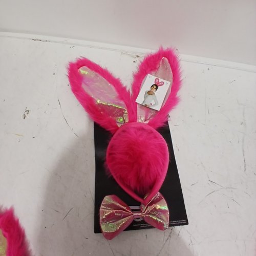 3PC FAUX FUR BUNNY EARS HEADBAND AND BOW TIE KIT - PINK image 3