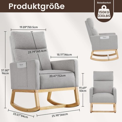 AUNEKIV MODERN UPHOLSTERED SLIDER ROCKING CHAIR WITH SIDE POCKETS - 330LBS MAX - IVORY (LRC-08-IVORY) image 2
