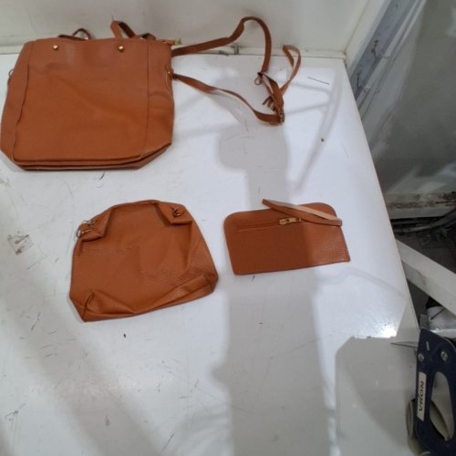 3PC JINGPIN FAUX LEATHER HANDBAG, MESSENGER BAG, WALLET, CARD CLOSURE SET - BROWN image 3