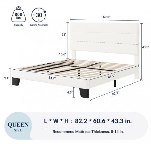 ALLEWIE WOODEN PLATFORM BED FRAME WITH VELVET UPHOLSTERED HEADBOARD - QUEEN - WHITE - (MODEL: KRQKSTW002) image 2