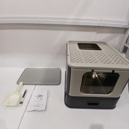 FOLDABLE CAT LITTER BOX WITH LID & SCOOP - 20" X 15" X 16" - GREY/BEIGE image 2