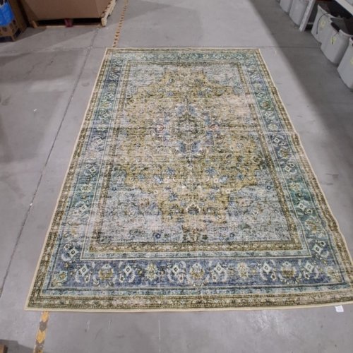 CHAMPLANT NON-SHEDDING WASHABLE RETRO BOHO DESIGN AREA RUG - 6FT X 9FT - AGED FLORAL GREEN/BLUE/YELLOW image 2