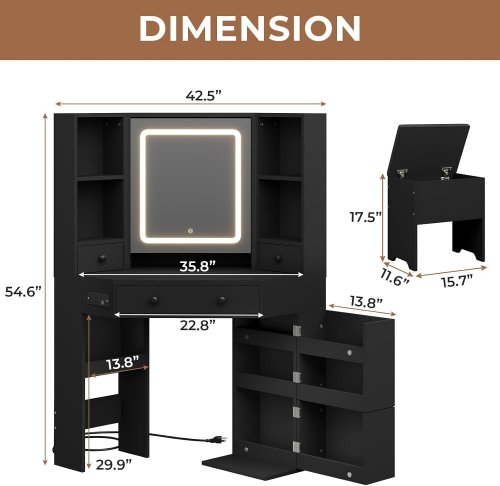 HAUOMS CORNER VANITY DESK WITH MIRROR LIGHTING & POWER OUTLET - 54.6" X 42.5" X 13.8" - BLACK (MODEL: AJ-DJ505637_1) image 2