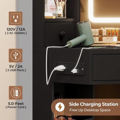HAUOMS CORNER VANITY DESK WITH MIRROR LIGHTING & POWER OUTLET - 54.6" X 42.5" X 13.8" - BLACK (MODEL: AJ-DJ505637_1) image 3