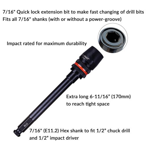 NORDWOLF QUICK-LOCK IMPACT-GRADE DRILL BIT EXTENSION - FITS 7/16" HEX SHANK POWER BITS & DRILLS - BLACK/RED (MODEL: NW-25002) image 2