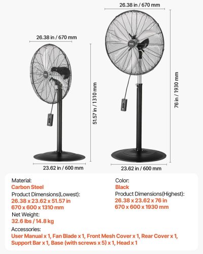 OSCILLATING PEDESTAL STAND FAN ADJUSTABLE HEIGHT - 27" - BLACK (MODEL:BT-HIF24B) image 2