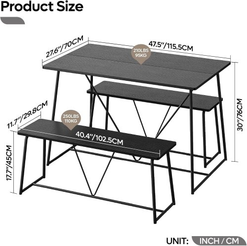 3PC PINMOCO DINING TABLE SET WITH 2 BENCHES - 47.5" KITCHEN TABLE, SMALL SET FOR APARTMENT OR CONDO - BLACK (MODEL: K400615F-BLKG) image 2
