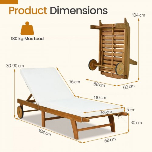 ADJUSTABLE FOLDING WOODEN SUN LOUNGER WITH 2 WHEELS AND A REMOVABLE CUSHION - WHITE/NATURAL (MODEL: OP71407WH) image 2