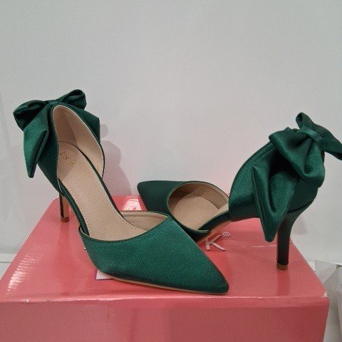 WOMEN'S BOW DETAIL POINTED-TOE HIGH HEEL PUMPS - SIZE 7 - GREEN image 2