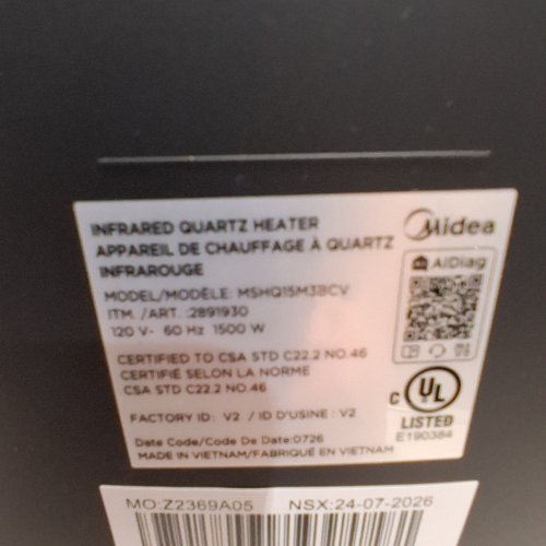 MIDEA ULTRA QUIET QUARTZ HEATER - 1500W - BLACK (MODEL: 2891930 / MSHQ15M3BCV) image 3
