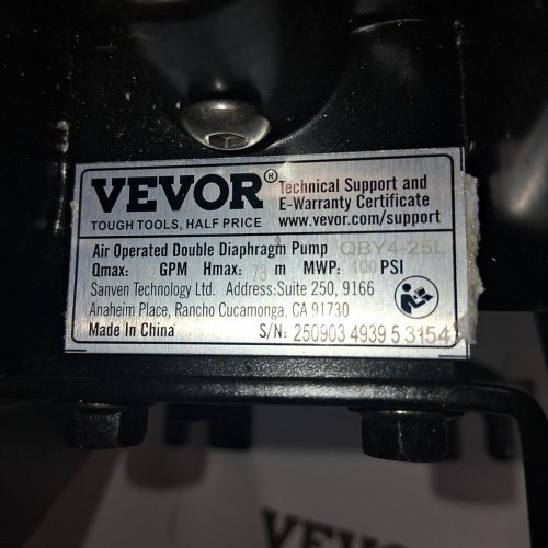 VEVOR AIR OPERATED DOUBLE DIAPHRAGM PUMP, 1" INLET OUTLET FOR CHEMICAL INDUSTRIAL USE, 35 GPM, MAX 120 PSI, BLACK, (MODEL:QBY4-25LF46) image 5