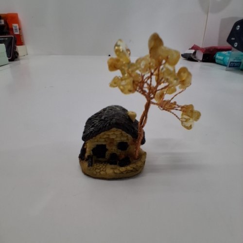 MINIATURE DECORATIVE HOUSE FIGURINE WITH TREE - BROWN, BLACK AND GOLD image 2