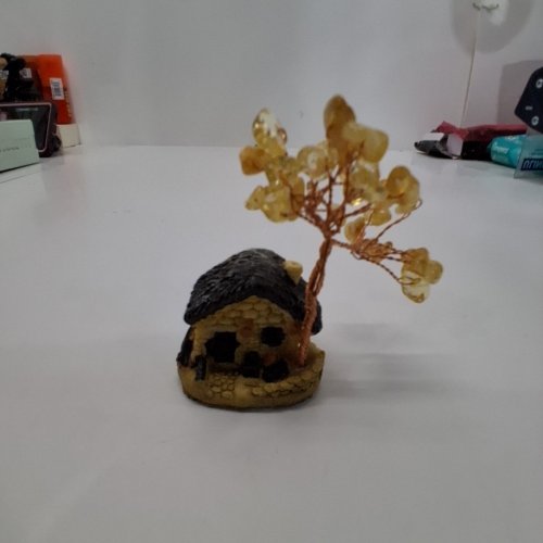 MINIATURE DECORATIVE HOUSE FIGURINE WITH TREE - BROWN, BLACK AND GOLD image 3