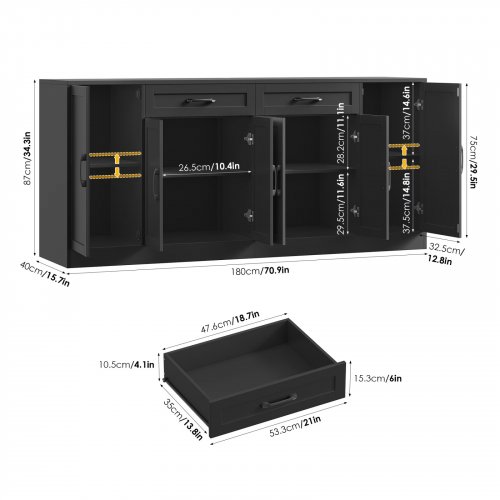BOTLOG WOODEN BUFFET SIDEBOARD CABINET WITH 6 DOORS, 2 DRAWERS - 71" X 16" X 34" - BLACK - (MODEL: BOT-PB-042) image 3