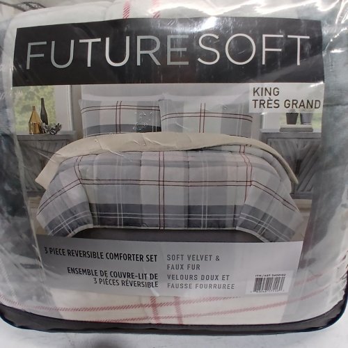 3PC FUTURE SOFT REVERSIBLE VELVET & FAUX FUR COMFORTER SET - KING - GRAY PLAID WITH RED ACCENTS image 6