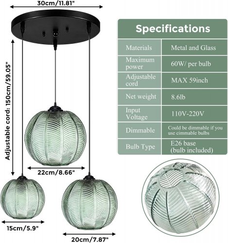 GWY MID CENTURY MODERN CHANDELIER WITH 3 RIBBED BLOWN GLASS GLOBE SHADES - GREEN image 2