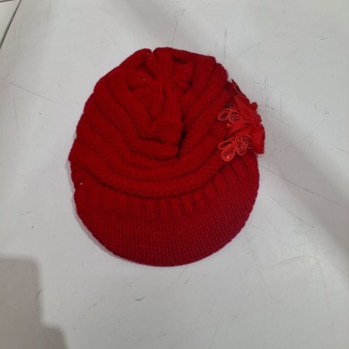 KNIT HAT WITH BRIM AND FLOWER DECORATION - OSFM - RED image 2