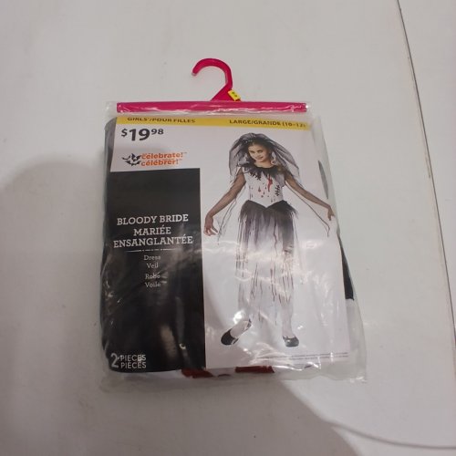 2PC GIRLS WAY TO CELEBRATE BLOODY BRIDE COSTUME DRESS, VEIL - LARGE (10-12) - WHITE/BLACK/RED image 2