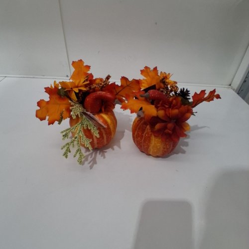 2PK AUTUMN PUMPKIN FLORAL DECOR - 6" - ORANGE/ RED image 3