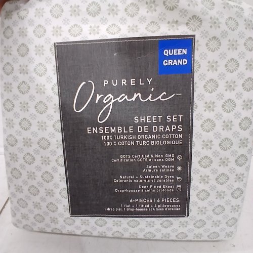 6PC PURELY ORGANIC 300 THREAD 6-PIECE 100% ORGANIC COTTON SHEET SET- QUEEN- WHITE/GREEN (MODEL: 1796241) image 3