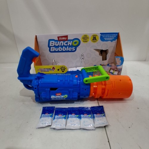 KIDS ZURU BUNCH O BUBBLES SPINNING BARREL BUBBLE BLASTER WITH RECHARGEABLE BATTERY - 30,000 BUBBLES PER MINUTE - BLUE/ORANGE (MODEL: 1851658) image 2