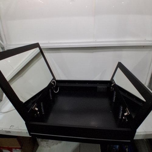 LED LIGHT-UP BATHROOM MEDICINE CABINET WITH DUAL SWING-OPEN MIRROR DOORS, DEFOGGING, GLASS SHELVING AND POWER OUTLETS - 28"X30"X6.3" - BLACK image 3