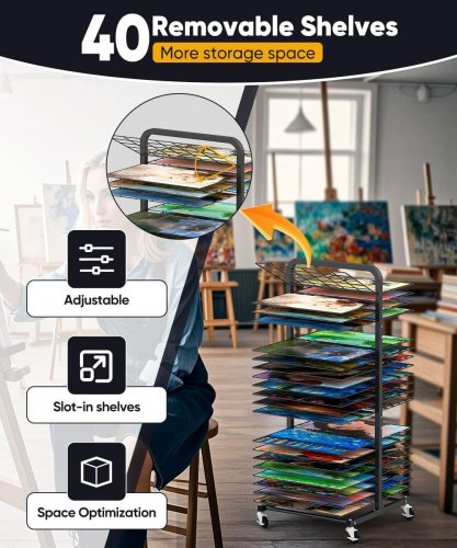MOCOMAX ART DRYING RACK FOR PAINTING WITH 40 REMOVABLE SHELVES - 41.33" X 16.73" - BLACK (MODEL: MCM-DR-B-40) image 3