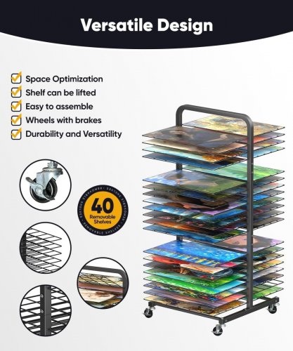 MOCOMAX ART DRYING RACK FOR PAINTING WITH 40 REMOVABLE SHELVES - 41.33" X 16.73" - BLACK (MODEL: MCM-DR-B-40) image 4