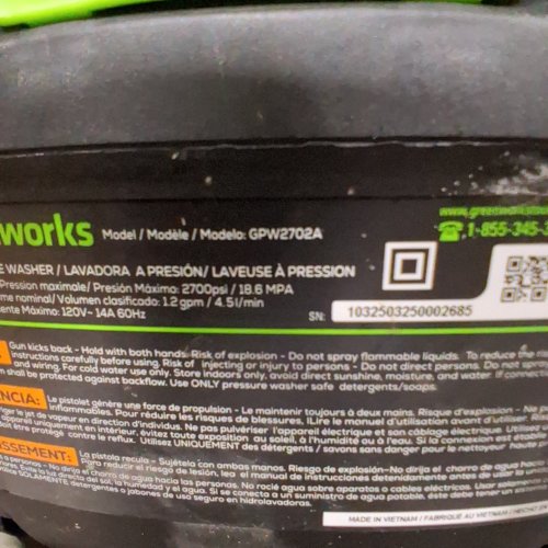 GREENWORKS PRO BRUSHLESS 2700 PSI ELECTRIC PRESSURE WASHER -2700 PSI - GREEN (MODEL: GPW2702A) image 3