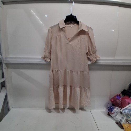 TIERED COLLAR SHORT SLEEVE DRESS - SMALL - BEIGE image 2