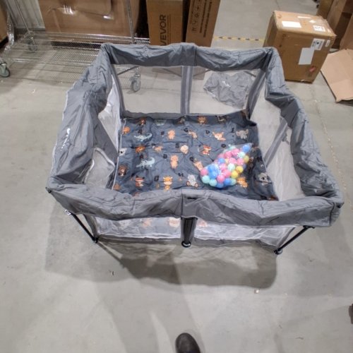 KIDS FOLDABLE PORTABLE POPUP PLAYPEN WITH ALPHABET MAT & BALLS - GREY image 2