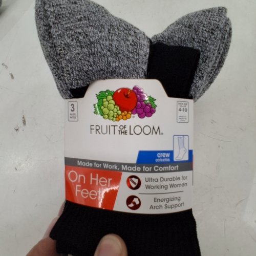 3PR WOMEN'S FRUIT OF THE LOOM ON HER FEET CREW SOCKS - SHOE SIZE 4-10 - GREY / BLACK image 2