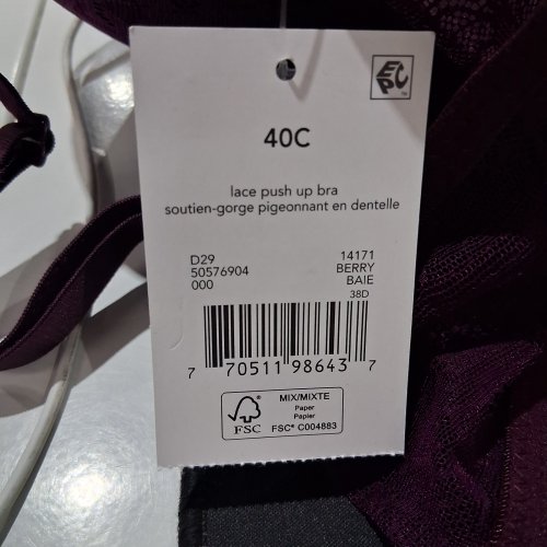 WOMEN'S GEORGE LACE PUSH UP BRA - 40C / 38D - BERRY (STYLE: D29) image 2