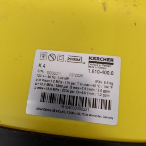 KÄRCHER FOAM CANNON 1900 PSI ELECTRIC PRESSURE WASHER WITH TURBO NOZZLE AND LARGE WHEELS - YELLOW (MODEL: K 4) image 3