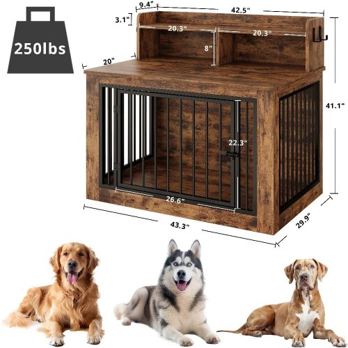 IRONCK WOODEN DOG CRATE WITH STORAGE SHELF -43" - BROWN image 2