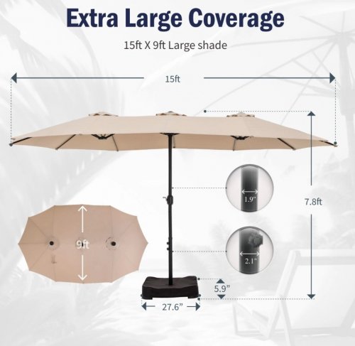 PHI VILLA DOUBLE-SIDED OUTDOOR PATIO MARKET UMBRELLA *NO BASE* - 15FT X 9FT - BEIGE - (MODEL: E02GM046-M) image 2