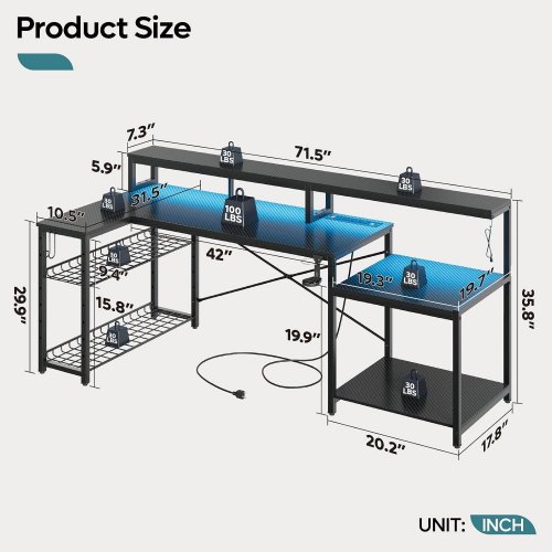 BESTIER L‑SHAPED GAMING DESK WITH LED & POWER OUTLETS - 71.5" - BLACK (MODEL: H100618KUS) image 2