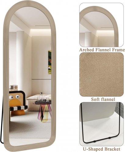 NEUWEABY FULL LENGTH FLANNEL WRAPPED ARCH FLOOR MIRROR WITH STAND - 56" X 20" - MILK TEA image 2
