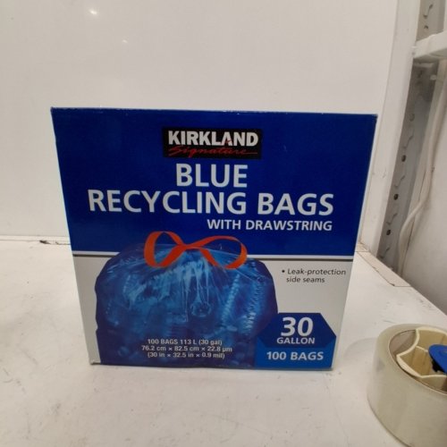 ~100PK KIRKLAND SIGNATURE RECYCLING BAGS WITH DRAWSTRINGS - 30 GALLON - BLUE (MODEL: 1971090) image 4