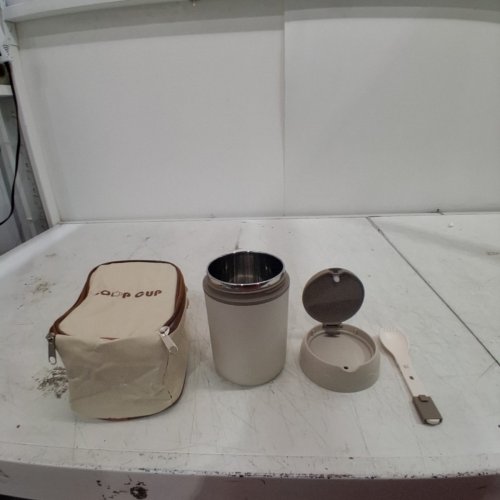 3PC REUSABLE INSULATED SOUP / FOOD CONTAINER WITH SPORK UTENSIL & CARRY BAG - 20OZ - BEIGE/BROWN image 2
