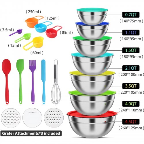 30PC TOYTEXX MIXING BOWL SET - BOWLS, LIDS, MEASURING CUPS, GRATERS, SPATULAS - MULTICOLOUR image 3