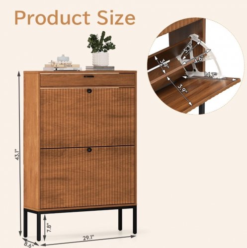 BRAFABHOME WOODEN SHOE STORAGE CABINET WITH 2 FLIP DRAWERS - 29" X 9" X 43" - WALNUT - (MODEL: QH-242WA) image 2