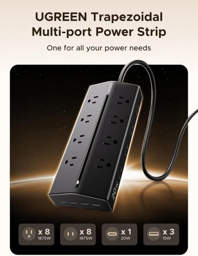 UGREEN TRAPEZOIDAL 16-OUTLET POWER STRIP, 20W USB C CHARGING POWER BAR OUTLET WITH 5FT DURABLE EXTENSION CORD - BLACK (MODEL: T620) image 2